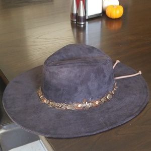 Suede wide brim hat with feather detailing